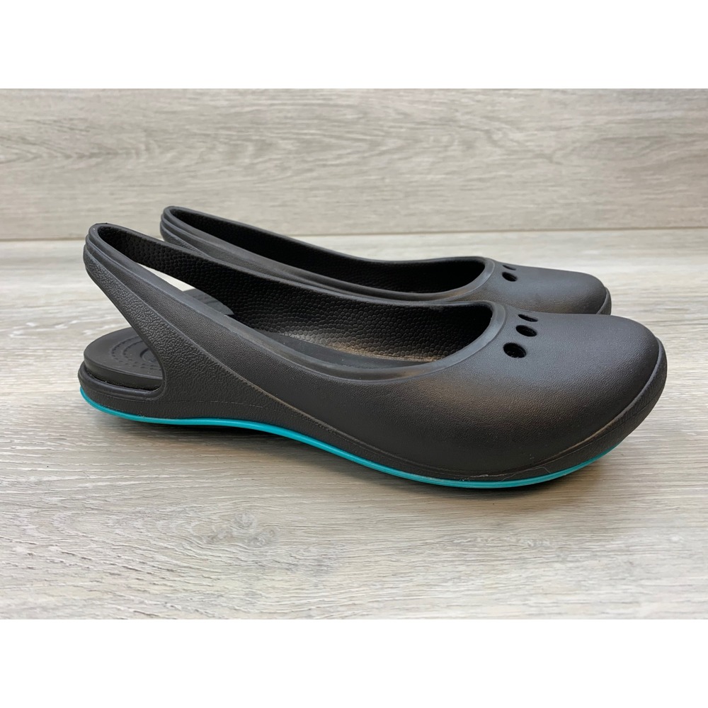 Crocs Duet Busy Day Women's Slingback Flats 6 Black Aqua Blue Comfort Shoes